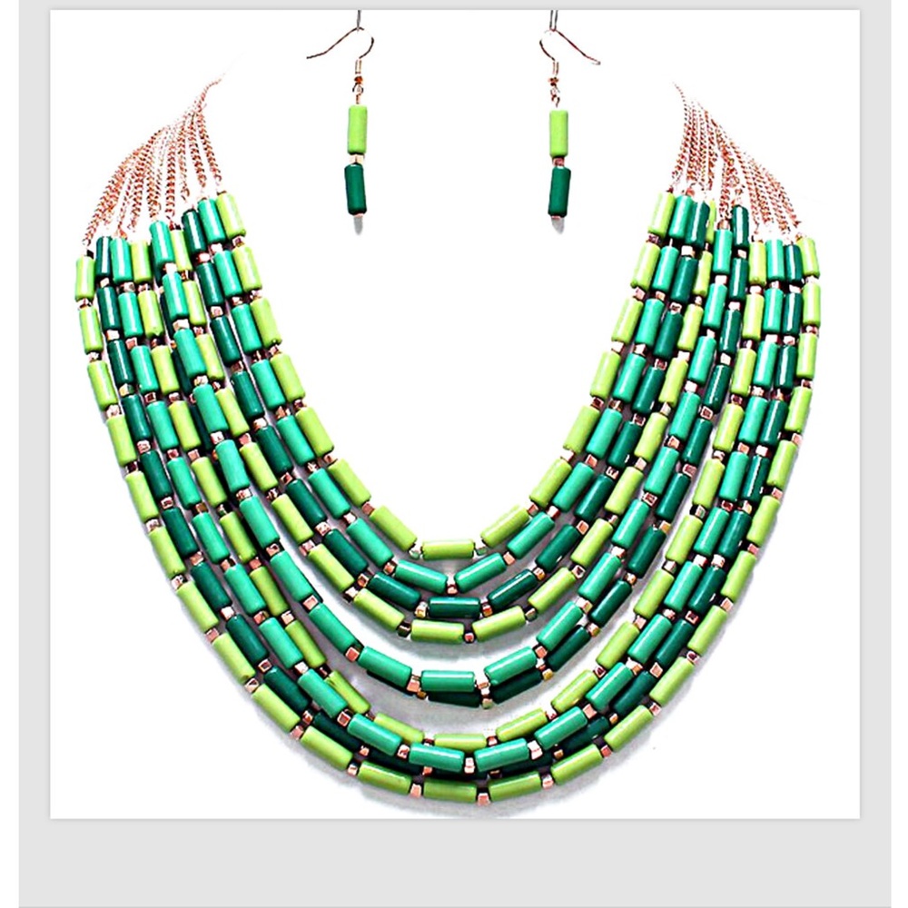 Necklace Earrings Set Green Teal Gold Statement Multi Layered 18"-20"L Women
